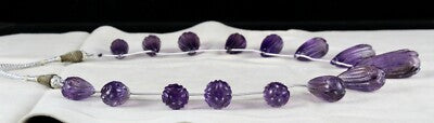 Certified Vintage Amethyst Carved Drops Beads 454ct Gemstone Necklace 15 Pcs