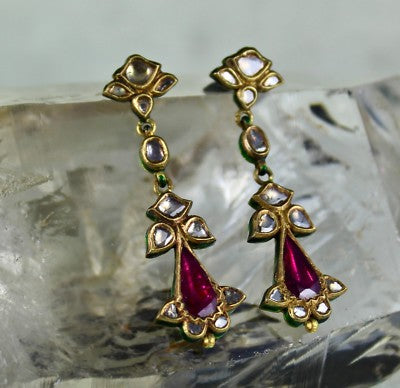 Antique 22k Gold Natural Diamond Pink Tourmaline Jadau Set 257ct Earrings