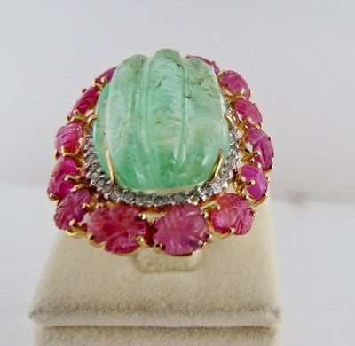 Certified Vintage Natural Emerald 10ct Ruby Carved Natural Diamond 18k Gold Ring