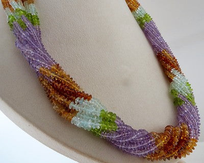 Peridot Citrine Amethyst 860ct Blue Topaz Aqua 10 Line Round Beads Necklace