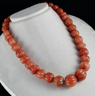 Natural Orange Quartz 960ct Carved Melon Beaded Necklace Sterling Silver Clasp