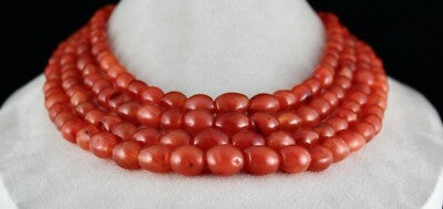 Long 4 Line Red Natural Carnelian Beads 1235 Carats Fashion Necklace
