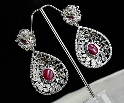 Certified Burma Ruby 200ct Natural Rose Cut Diamond 18k Gold Cocktail Earrings