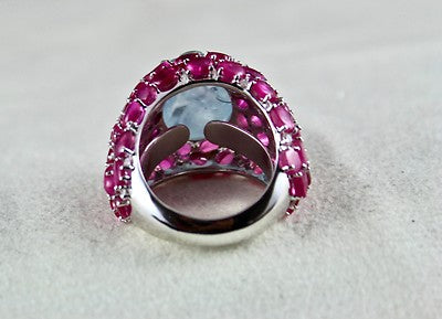 Certified Natural Blue Sapphire 18k Gold Party Ring With Carved Rubies Diamond