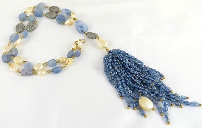 Certified Blue Sapphire 10ct Antique Pearl Natural Diamond Tassel Gold Necklace