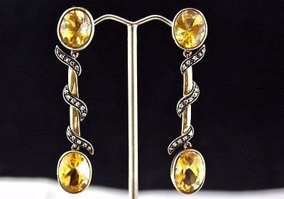 Unique 10.00+ct Yellow Citrine Natural Diamond Victorian Earring 18k Gold Silver