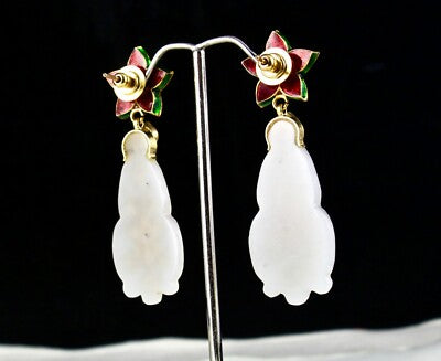 Certified Antique Nephrite Jade 90ct Natural Diamond 18k Gold Jadau Earrings