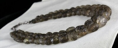 Natural Smoky Quartz Beads Melon Carved Necklace 746 Ct Gemstone 3 Line