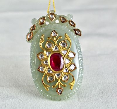 Certified Antique Green Jade 239ct Pendant Natural Diamond Ruby 22k Gold