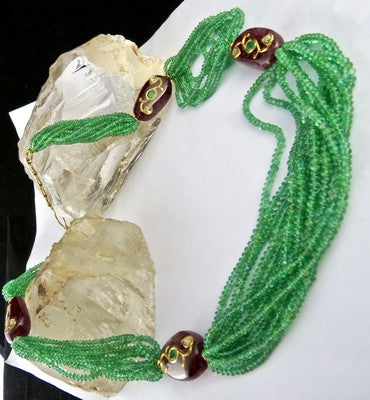 Certified Natural Emerald 379ct Pink Tourmaline Diamond 18k Gold Jadau Necklace