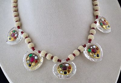 Certified Natural Rock Crystal Navratan 22k Gold Jadau Pearl 10ct Necklace