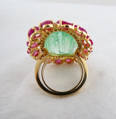 Certified Vintage Natural Emerald 10ct Ruby Carved Natural Diamond 18k Gold Ring
