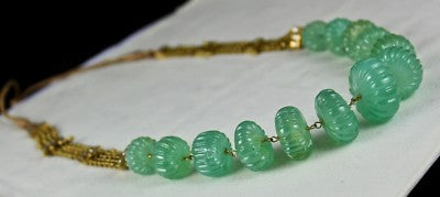 Certified Estate Natural Emerald 510ct Carved Melon Beads Diamond Gold Necklace