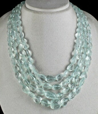 Certified Natural Blue Aquamarine Faceted Tumble Beads Necklace 1119 Ct