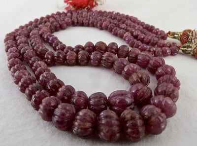 Certified Natural Ruby 276 Ct Carved Melon Gemstone Beads Necklace For Ladies