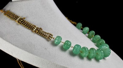 Certified Estate Natural Emerald 510ct Carved Melon Beads Diamond Gold Necklace