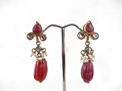 Certified Antique Natural Ruby 64.50 Ct 22k Gold Diamond Pearl Jadau Earrings