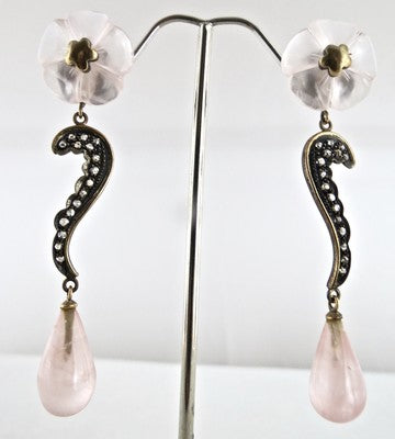 Natural Victorian Rose Quartz 77ct Diamond Flower Earrings 18k Gold 925 Silver