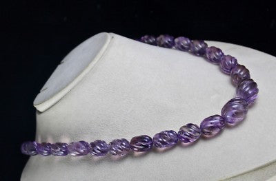 Natural Amethyst 552 Ct Beads Carved Sterling Silver Classic Necklace