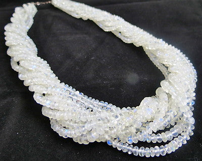 Sterling Silver Natural Rainbow Moonstone Necklace Round 727 Ct White Beads 10 L