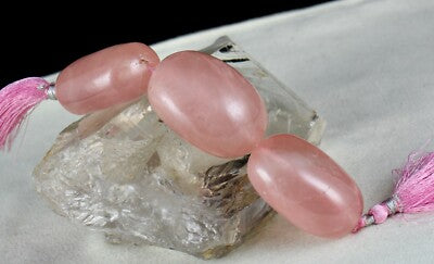 Pink Natural Rose Quartz Beads 543 Ct Gemstone Design Long Oval 3 Pcs