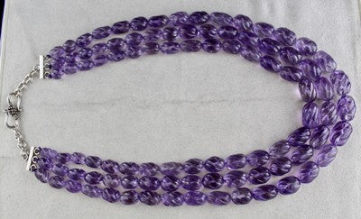 Certified Natural Amethyst Oval Carved Beads 1373 Ct Sterling Silver Necklace