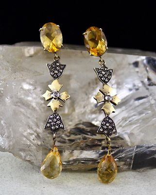 Certified Yellow Citrine 10ct Natural Diamond 18k Gold Sterling Silver Victorian