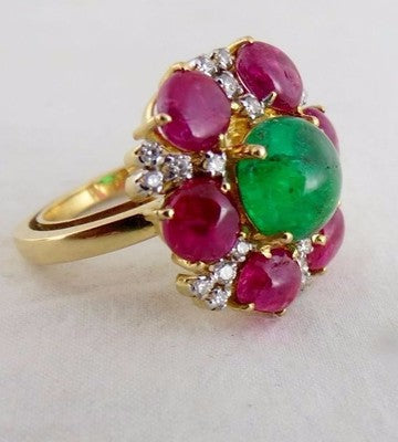 Certified Natural Emerald Burma Ruby Cabochon Diamond Gold Party Ring