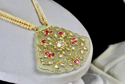 Certified Antique Nephrite Jade Ruby 10ct Natural Diamond 22k Gold Pearl Pendant
