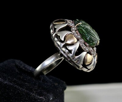 Antique Green Tourmaline 1.75ct Natural Diamond 18k Gold Sterling Silver Ring