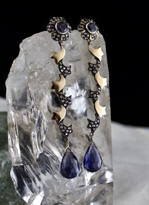 Natural Blue Iolite 10+ Ct Natural Diamond 18k Gold Sterling Silver Earrings