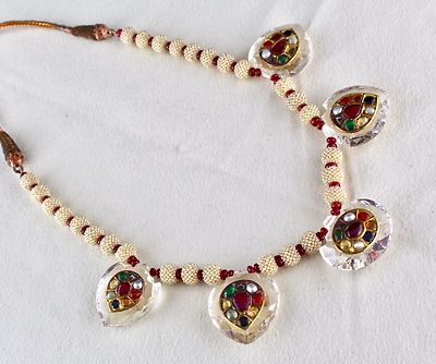 Certified Natural Rock Crystal Navratan 22k Gold Jadau Pearl 10ct Necklace