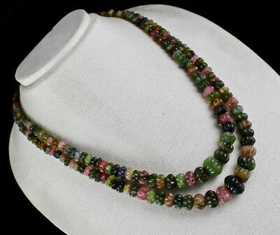 Certified Natural Multi Tourmaline 602 Ct Carved Beads Gemstone Necklace