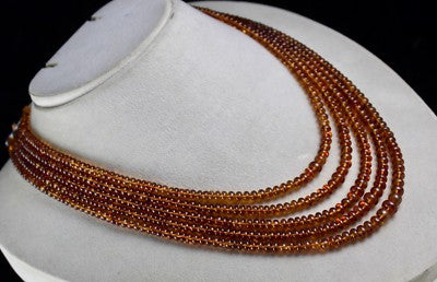 Natural Hessonite Garnet 566 Ct Beads 5 Line Round Semi Precious Necklace