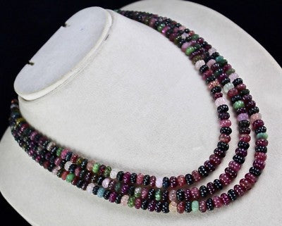 Certified Natural Multi Tourmaline 442ct Beads Melon Carved 3 Line Necklace