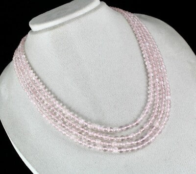 Natural Rose Quartz 432 Carats Beads Round 4 Line Fashion Pink Necklace