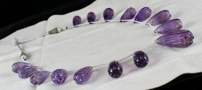 Certified Vintage Amethyst Carved Drops Beads 454ct Gemstone Necklace 15 Pcs