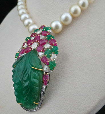 Certified Vintage Old Emerald 10ct Ruby Natural Diamond Pearl 18k Gold Necklace