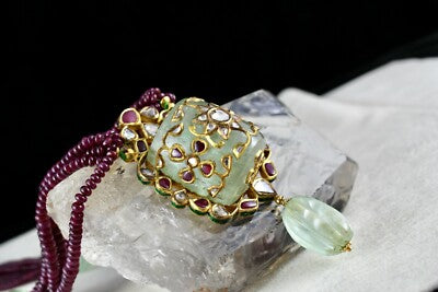 Certified Natural Emerald 10ct Ruby Beads 18k Gold Diamond Jadau Necklace