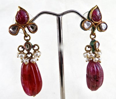 Certified Antique Natural Ruby 64.50 Ct 22k Gold Diamond Pearl Jadau Earrings