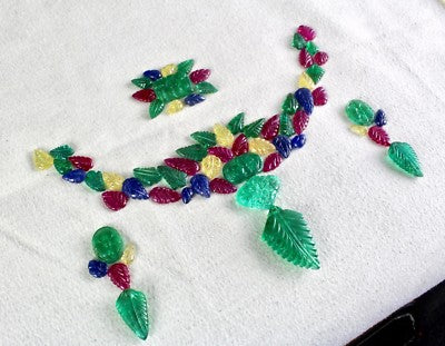 Certified Multi Emerald Ruby Sapphire Carved Leaves Loose Gemstone Necklace Set