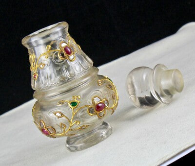 Certified Natural Rock Crystal Emerald Ruby Carat 18k Gold Diamond Jadau Bottle