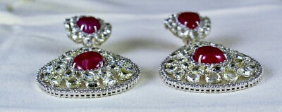 Certified Burma Ruby 200ct Natural Rose Cut Diamond 18k Gold Cocktail Earrings