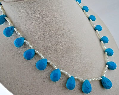 Turquoise Magnesite Faceted Tear Drop Beads Necklace 205 Cts Sterling Silver