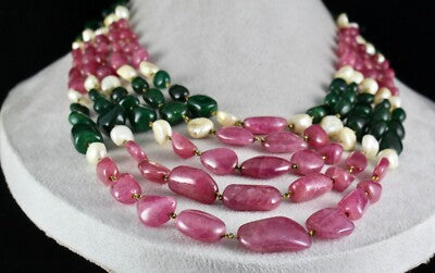 Certified Antique Natural Ruby 1196ct Emerald Pearl 18k Gold Necklace For Women