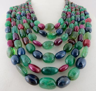 Certified Natural Emerald Ruby Sapphire 1462ct Beads Long Necklace