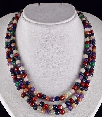 3 Line Multi Semi-precious Carved Beads Gemstone Ladies Necklace 463ct