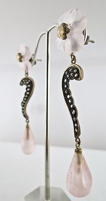 Natural Victorian Rose Quartz 77ct Diamond Flower Earrings 18k Gold 925 Silver