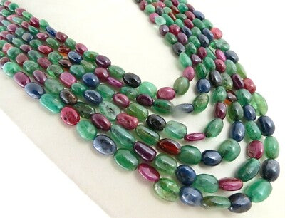 Certified Natural Emerald Ruby Sapphire 1462ct Beads Long Necklace