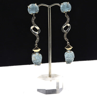 Natural Blue Aquamarine 81.55ct Carved Diamond 18k Gold 925 Silver Earrings